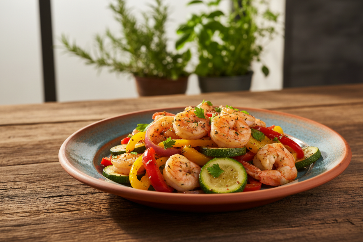 Camarones a la Plancha con Vegetales Salteados