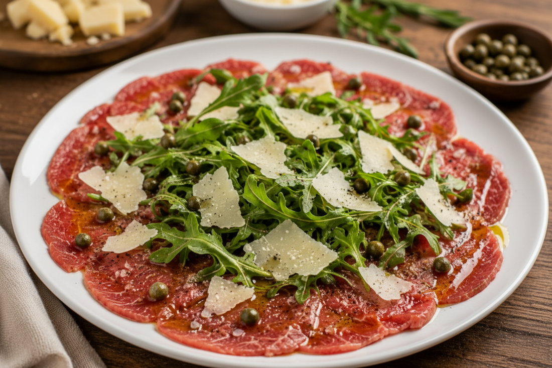 Carpaccio de Res con Queso Parmesano y Arúgula