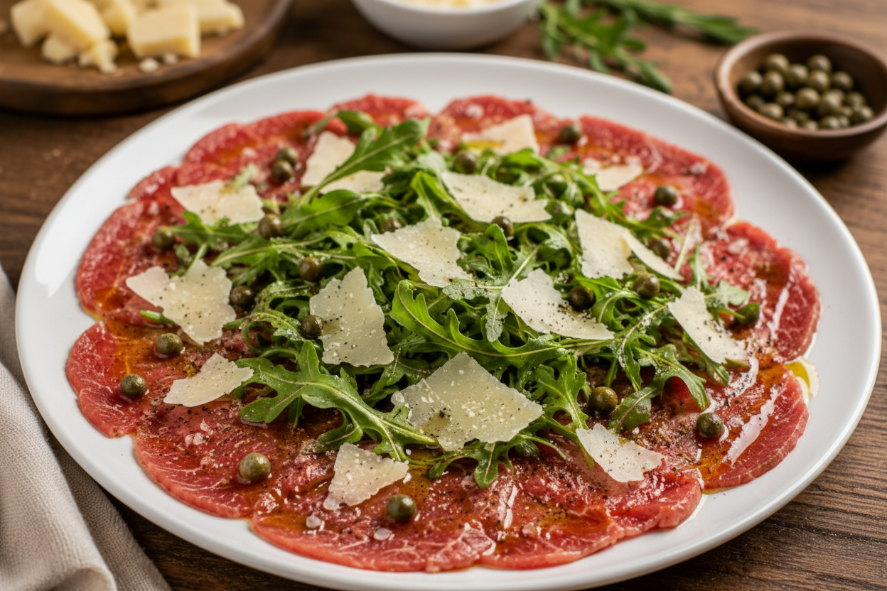 Carpaccio de Res con Queso Parmesano y Arúgula